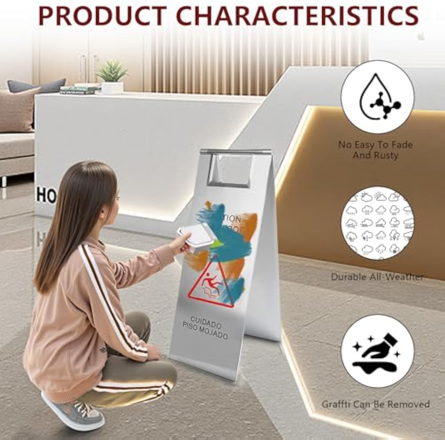 Placa de Cuidado de Piso Molhado de Aço Inoxidável com Alça Portátil para Restaurante