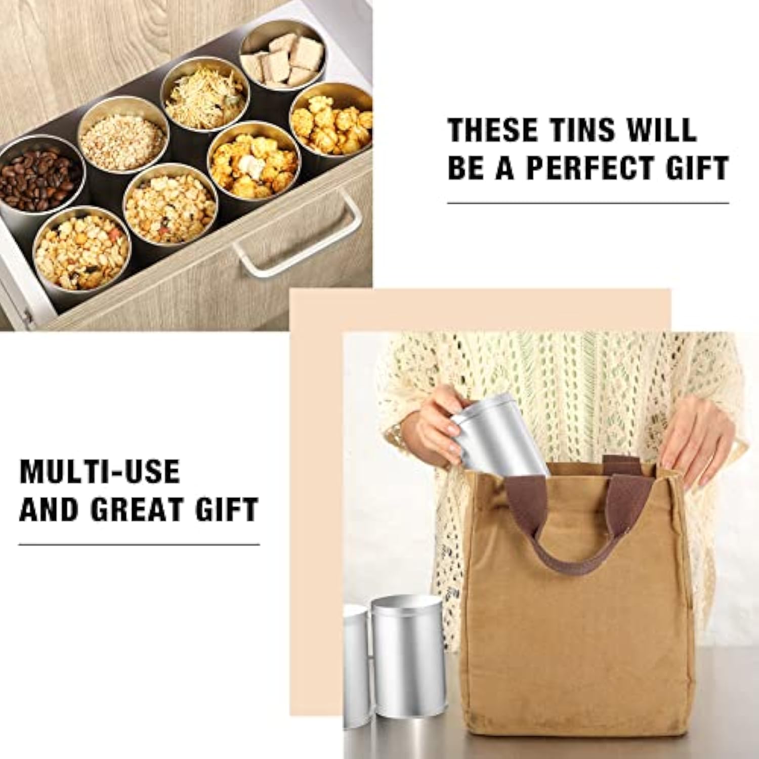 Latas de café pequenas e redondas vazias de metal para chá solto