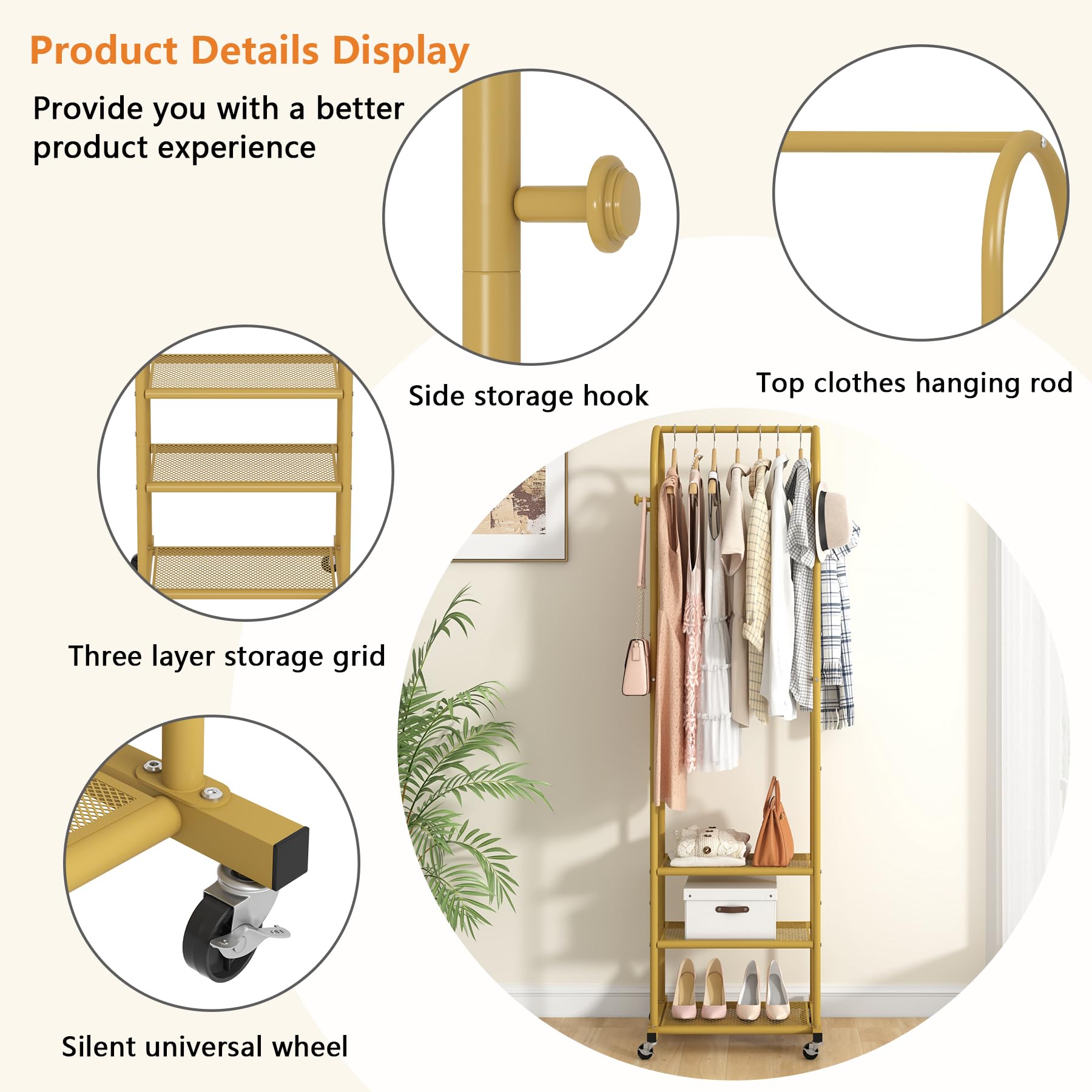 Prateleira de Armazenamento Multicamadas de Metal Dourado | Cabideiro