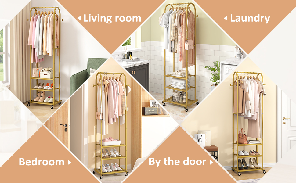 Prateleira de Armazenamento Multicamadas de Metal Dourado | Cabideiro